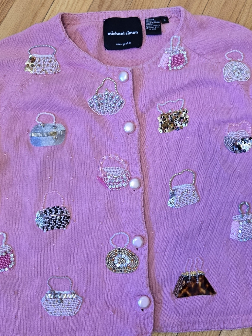 Michael Simon Purse Cardigan Pink Sequin Embellished Knit Button up